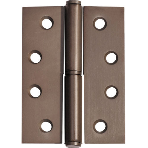 Left hand Tradco Lift Off Hinge showing metal hinge with mounting plates and hinge pin for door installation.