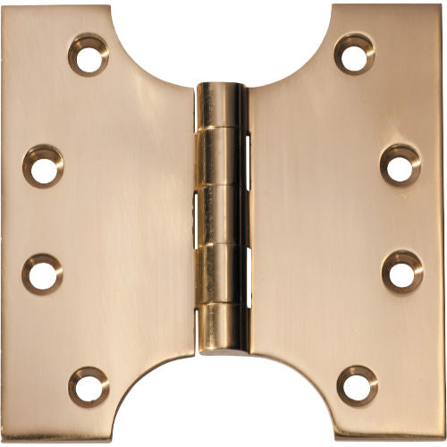 Tradco Shutter Parliament Hinge showing metal hinges attached to wooden shutter panels for window or door installation.