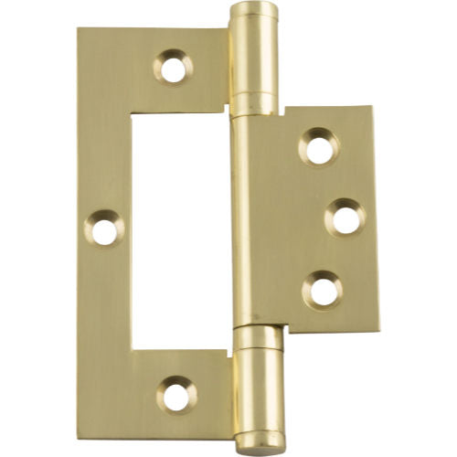 Tradco Hirline hinge showing a close-up of the durable metal hinge with a smooth finish and mounting holes for woodworking projects.