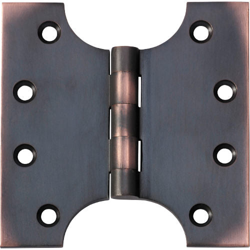 Tradco Shutter Parliament Hinge showing metal hinge with mounting plates and decorative design for window shutters.