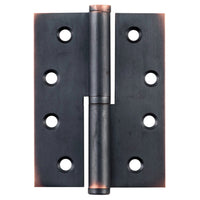 Left hand Tradco Lift Off Hinge showing metal hinge with mounting plates, designed for easy removal and installation.