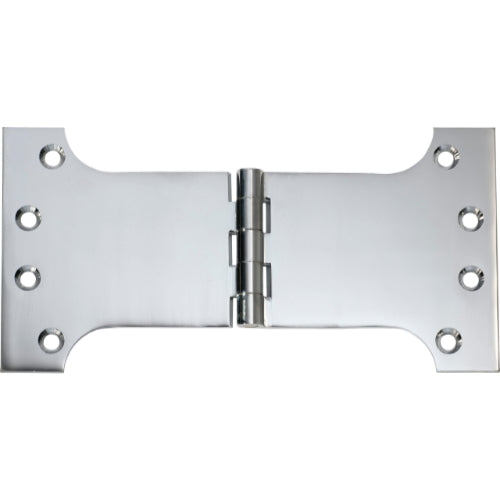 Tradco Shutter Parliament Hinge showing metal hinge with mounting plates for shutter doors and windows.