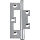 Tradco Hirline hinge showing metal construction and mounting holes, used for cabinet or door installation.