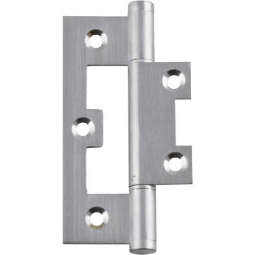 Tradco Hirline hinge showing metal construction and mounting holes, used for cabinet or door installation.