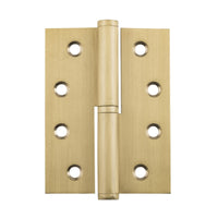 Tradco lift-off hinge for left-hand doors, showing the metal hinge with mounting plates and installation details.
