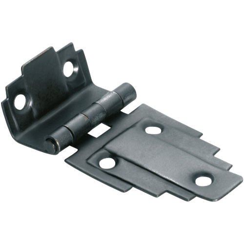 Tradco Deco Offset Hinge shown in black, featuring a decorative vintage-style design for cabinetry and furniture doors.