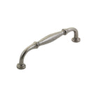 Momo Winchester cabinet pull handle in brushed nickel finish mounted on a wooden cabinet door.