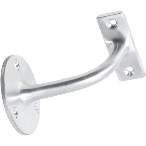 Tradco handrail brackets mounted on a wooden staircase railing, showcasing sturdy metal construction and classic design.