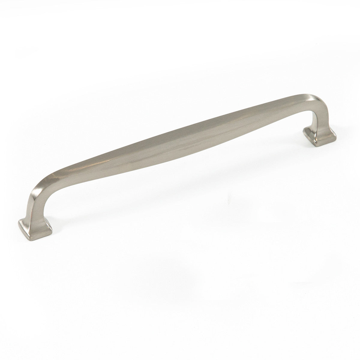 Brass Momo JAGO cabinet pull handle with a sleek, curved design mounted on wood cabinet door.