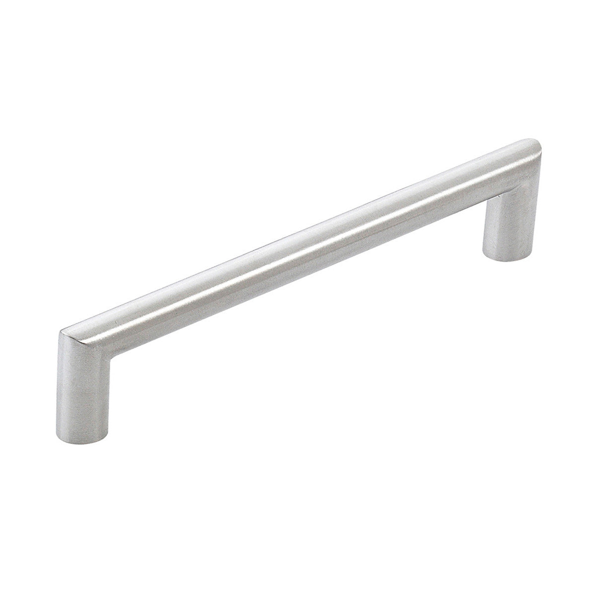 Stainless steel Momo BERGAMO cabinet pull handle with sleek, modern design mounted on a cabinet door.