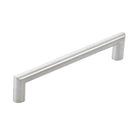 Stainless steel Momo BERGAMO cabinet pull handle with sleek, modern design mounted on a cabinet door.