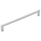 Stainless steel Momo BERGAMO cabinet pull handle with sleek design, mounted on a cabinet door for modern kitchen or furniture decor.