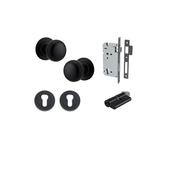 Door Knob Cambridge Round Rose Concealed Fix Matt Black D54xP67mm BP58mm Entrance Kit, Mortice Lock Euro Matt Black CTC85mm Backset 60mm, Euro Cylinder Dual Function 5 Pin Matt Black L65mm KA1, Escutcheon Euro Concealed Fix Round Pair Matt Black D… in Mat