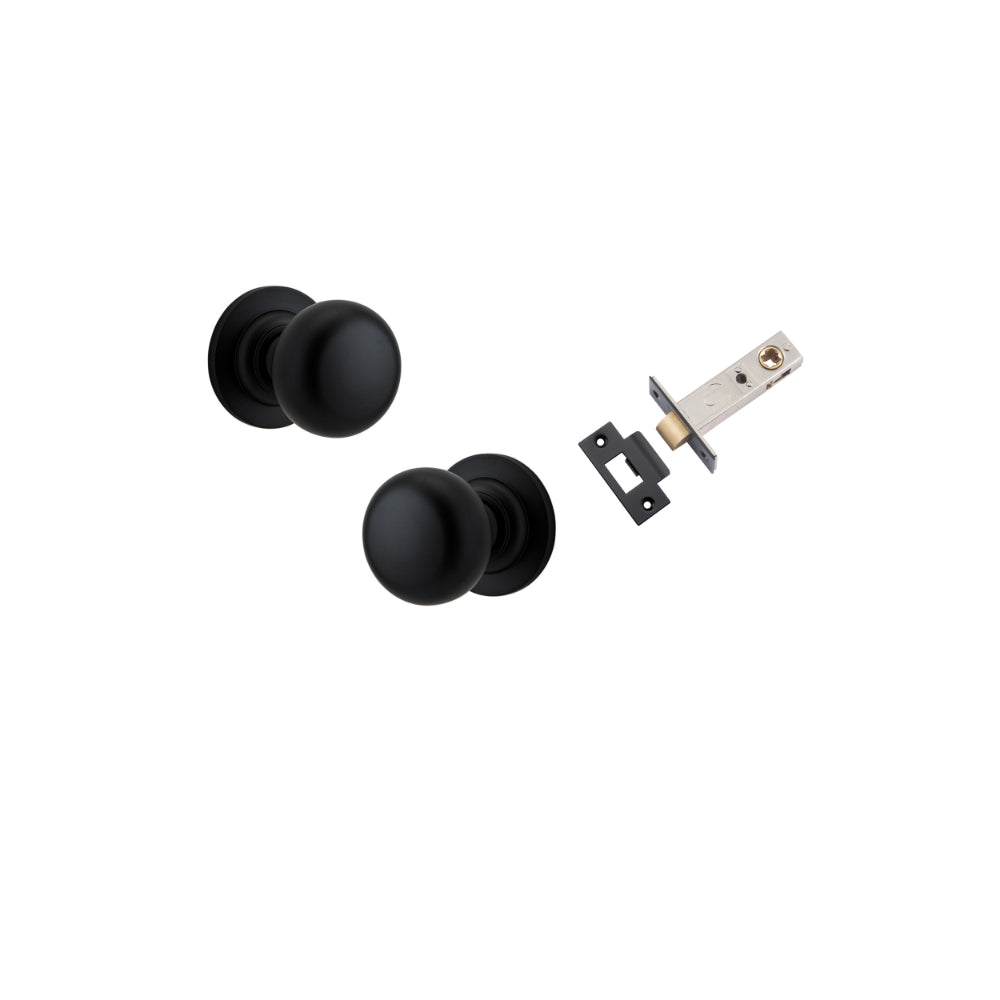 Door Knob Cambridge Round Rose Concealed Fix Matt Black D54xP67mm BP58mm Passage Kit, Tube Latch Split Cam 'T' Striker Matt Black Backset 60mm in Matt Black