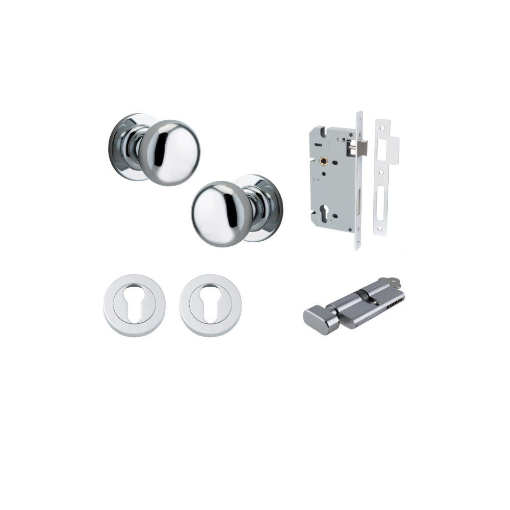 Door Knob Cambridge Round Rose Concealed Fix Polished Chrome D54xP67mm BP58mm Entrance Kit, Mortice Lock Euro Polished Chrome CTC85mm Backset 60mm, Euro Cylinder Key Thumb 6 Pin Polished Chrome L70mm KA1, Escutcheon Euro Concealed Fix Round Pair P… in Pol