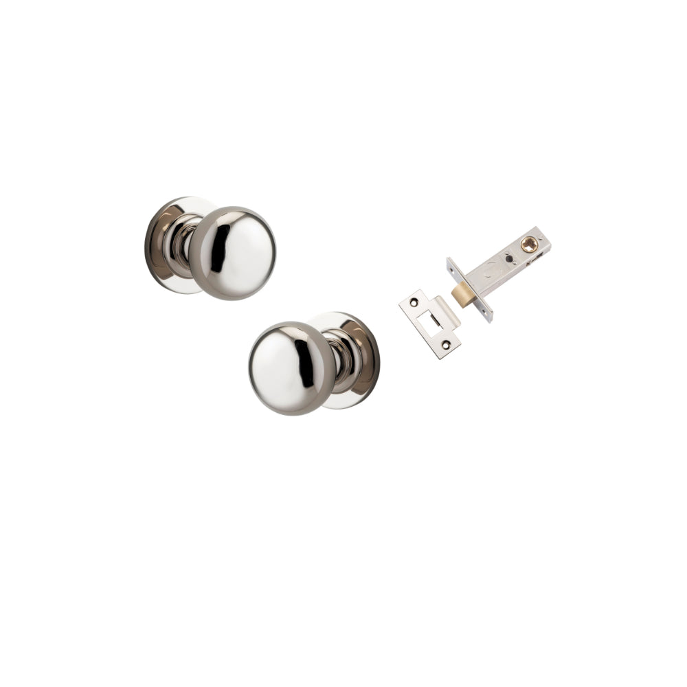 Door Knob Cambridge Round Rose Concealed Fix Polished Nickel D54xP67mm BP58mm Passage Kit, Tube Latch Split Cam 'T' Striker Polished Nickel Backset 60mm in Polished Nickel