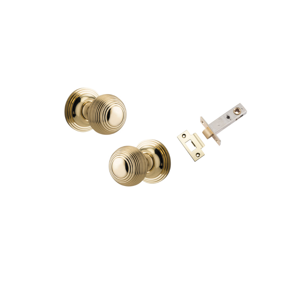 Door Knob Guildford Round Rose Concealed Fix Polished Brass D52xP78mm BP60mm Passage Kit, Tube Latch Split Cam 'T' Striker Polished Brass Backset 60mm in Polished Brass