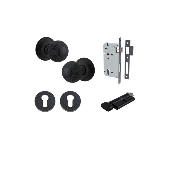 Door Knob Guildford Round Rose Concealed Fix Matt Black D52xP78mm BP60mm Entrance Kit, Mortice Lock Euro Matt Black CTC85mm Backset 60mm, Euro Cylinder Key Thumb 6 Pin Matt Black L70mm KA1, Escutcheon Euro Concealed Fix Round Pair Matt Black D52xP… in Mat