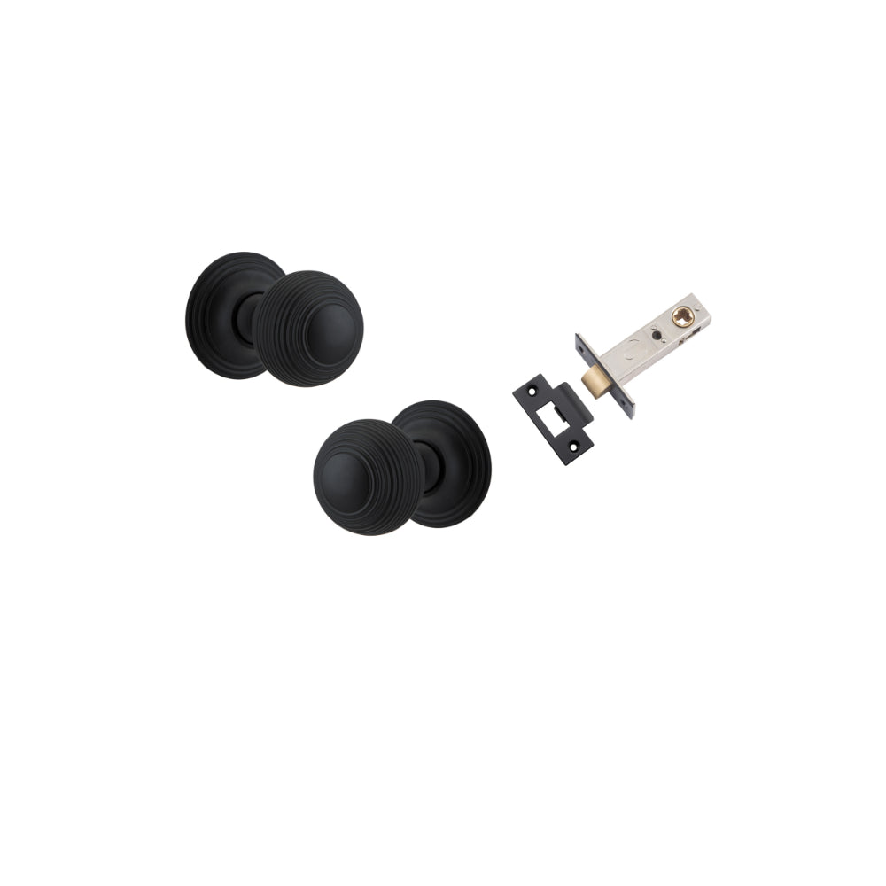 Door Knob Guildford Round Rose Concealed Fix Matt Black D52xP78mm BP60mm Passage Kit, Tube Latch Split Cam 'T' Striker Matt Black Backset 60mm in Matt Black