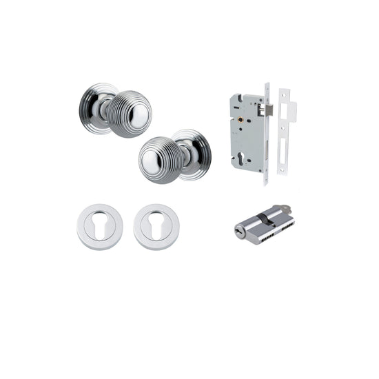 Door Knob Guildford Round Rose Concealed Fix Polished Chrome D52xP78mm BP60mm Entrance Kit, Mortice Lock Euro Polished Chrome CTC85mm Backset 60mm, Euro Cylinder Dual Function 5 Pin Polished Chrome L65mm KA1, Escutcheon Euro Concealed Fix Round Pa… in Pol