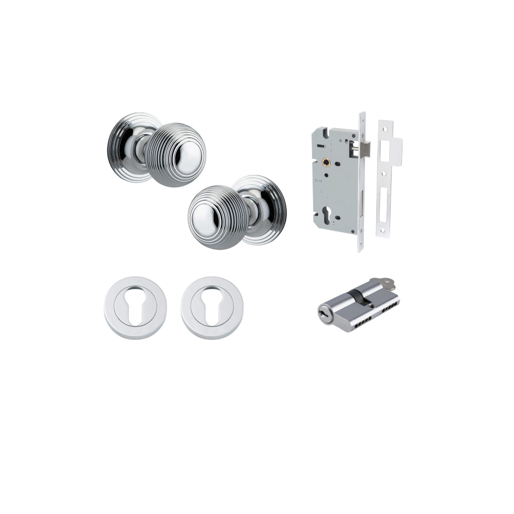 Door Knob Guildford Round Rose Concealed Fix Polished Chrome D52xP78mm BP60mm Entrance Kit, Mortice Lock Euro Polished Chrome CTC85mm Backset 60mm, Euro Cylinder Dual Function 5 Pin Polished Chrome L65mm KA1, Escutcheon Euro Concealed Fix Round Pa… in Pol