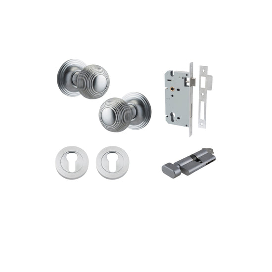 Door Knob Guildford Round Rose Concealed Fix Brushed Chrome D52xP78mm BP60mm Entrance Kit, Mortice Lock Euro Brushed Chrome CTC85mm Backset 60mm, Euro Cylinder Key Thumb 6 Pin Brushed Chrome L70mm KA1, Escutcheon Euro Concealed Fix Round Pair Brus… in Bru