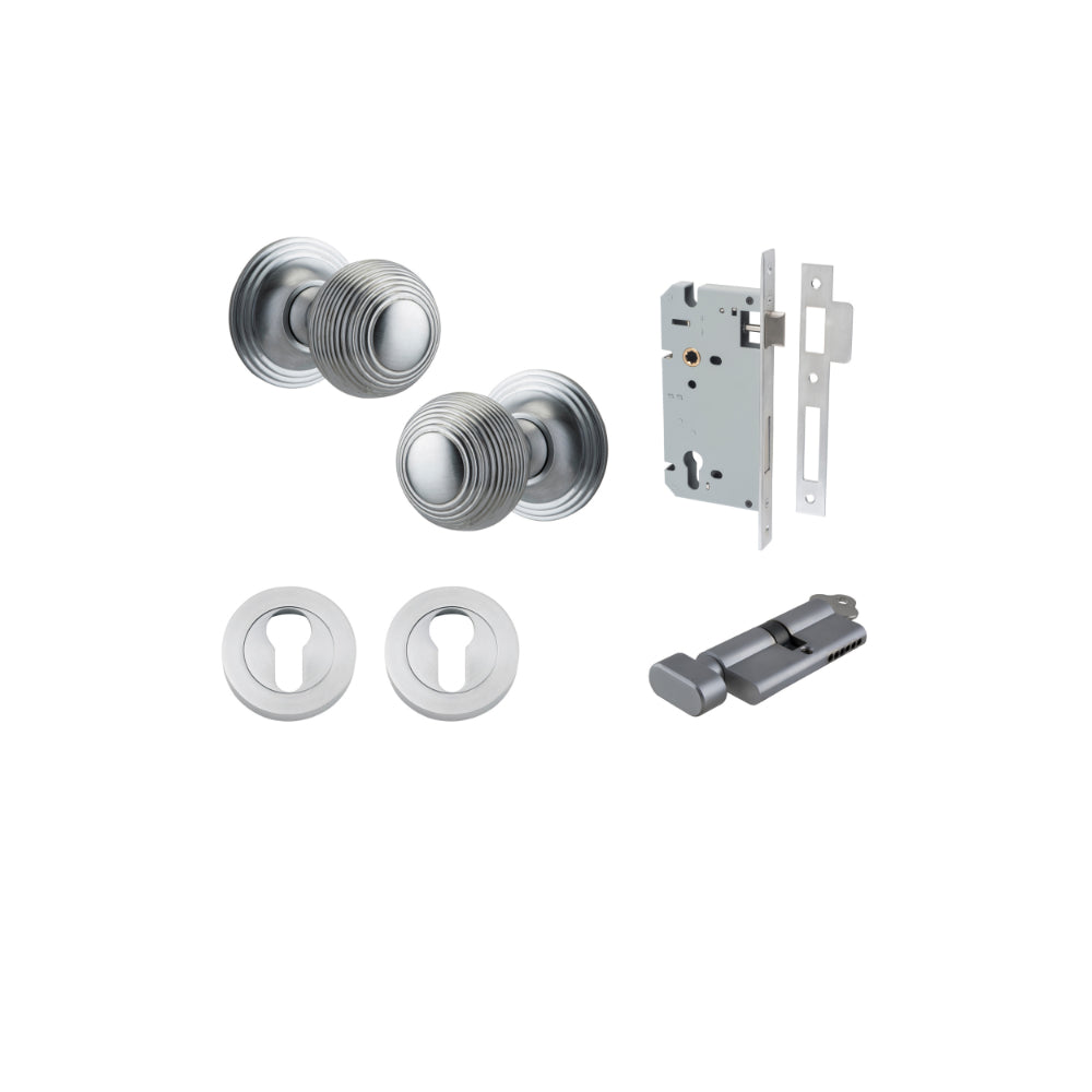 Door Knob Guildford Round Rose Concealed Fix Brushed Chrome D52xP78mm BP60mm Entrance Kit, Mortice Lock Euro Brushed Chrome CTC85mm Backset 60mm, Euro Cylinder Key Thumb 6 Pin Brushed Chrome L70mm KA1, Escutcheon Euro Concealed Fix Round Pair Brus… in Bru
