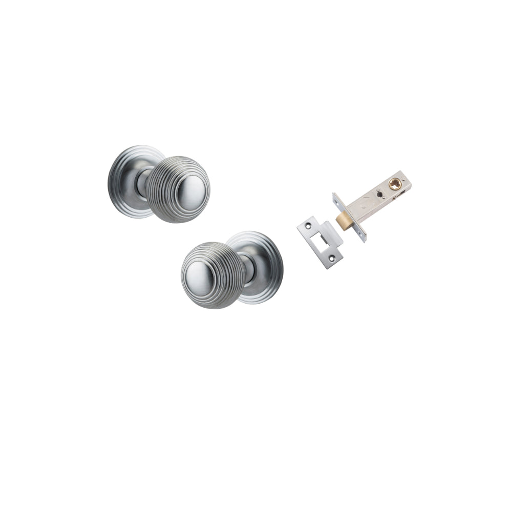 Door Knob Guildford Round Rose Concealed Fix Brushed Chrome D52xP78mm BP60mm Passage Kit, Tube Latch Split Cam 'T' Striker Brushed Chrome Backset 60mm in Brushed Chrome