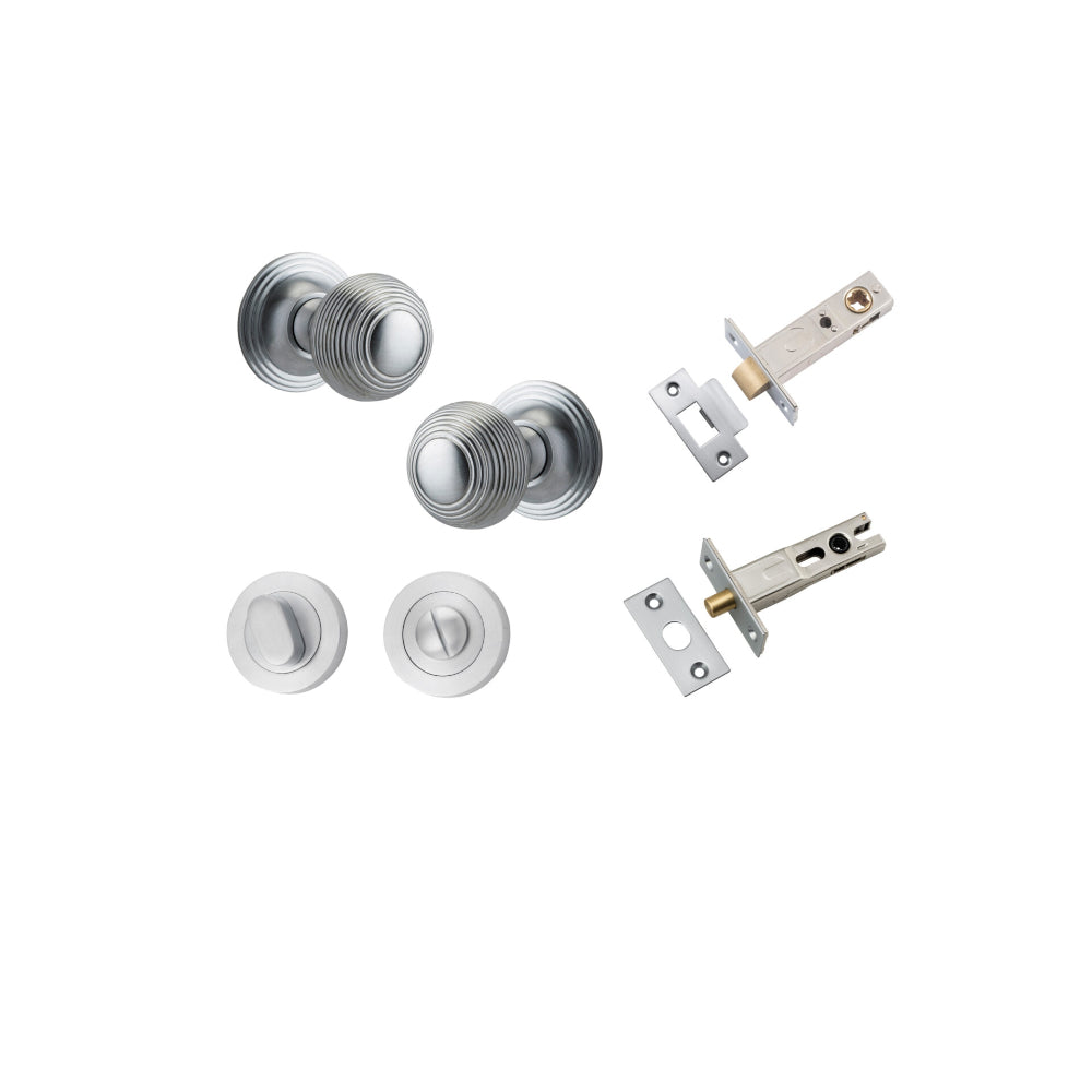 Door Knob Guildford Round Rose Concealed Fix Brushed Chrome D52xP78mm BP60mm Privacy Kit, Tube Latch Split Cam 'T' Striker Brushed Chrome Backset 60mm, Privacy Bolt Round Bolt Brushed Chrome Backset 60mm, Privacy Turn Oval Concealed Fix Round Brus… in Bru