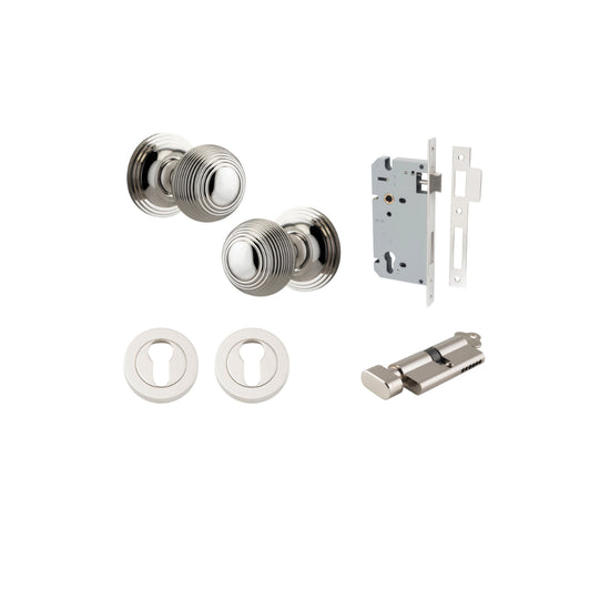 Door Knob Guildford Round Rose Concealed Fix Polished Nickel D52xP78mm BP60mm Entrance Kit, Mortice Lock Euro Polished Nickel CTC85mm Backset 60mm, Euro Cylinder Key Thumb 6 Pin Polished Nickel L70mm KA1, Escutcheon Euro Concealed Fix Round Pair P… in Pol
