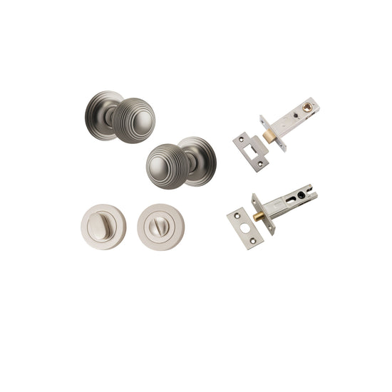 Door Knob Guildford Round Rose Concealed Fix Satin Nickel D52xP78mm BP60mm Privacy Kit, Tube Latch Split Cam 'T' Striker Satin Nickel Backset 60mm, Privacy Bolt Round Bolt Satin Nickel Backset 60mm, Privacy Turn Oval Concealed Fix Round Satin Nick… in Sat