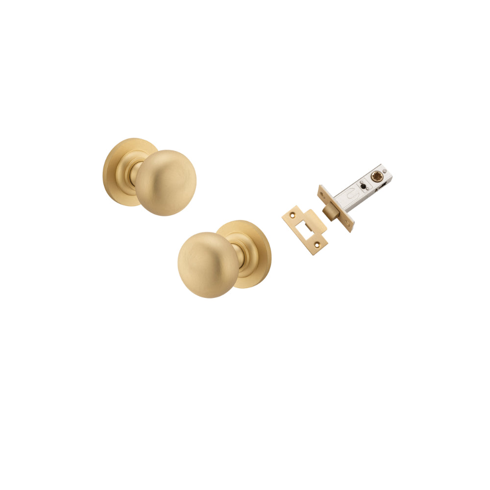 Door Knob Cambridge Round Rose Concealed Fix Polished Brass D54xP67mm BP58mm Passage Kit, Tube Latch Split Cam 'T' Striker Polished Brass Backset 60mm in Polished Brass