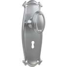 Pair of Tradco Bungalow Knobs on long backplates, featuring vintage-style brass hardware for cabinet or door decor.