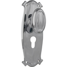 Pair of Tradco Bungalow Knobs on long backplates, featuring vintage-style metal handles for cabinet or door use.