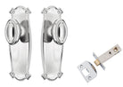 Pair of Tradco Bungalow Knob handles on long backplates, featuring vintage-style metal hardware for doors or furniture.