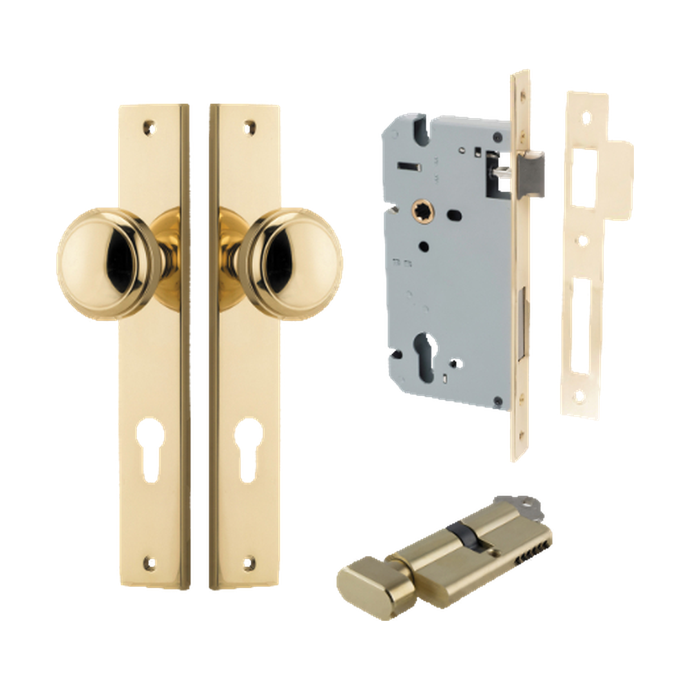 Door Knob Paddington Rectangular Euro Polished Brass CTC85mm H240xW38xP68mm Entrance Kit Mortice Lock Euro Polished Brass CTC85mm Backset 60mm, Euro Cylinder Key Thumb 6 Pin Polished Brass L70mm KA1 in Polished Brass