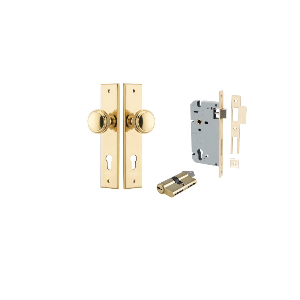 Door Knob Paddington Chamfered Euro Pair Polished Brass CTC85mm D55xP63mm BPH240xW50mm, Mortice Lock Euro Polished Brass CTC85mm Backset 60mm, Euro Cylinder Dual Function 5 Pin Polished Brass 65mm KA4 in Polished Brass