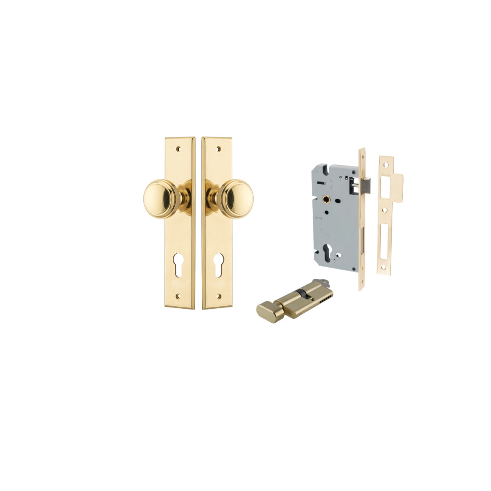 Door Knob Paddington Chamfered Euro Pair Polished Brass CTC85mm D55xP63mm BPH240xW50mm, Mortice Lock Euro Polished Brass CTC85mm Backset 60mm, Euro Cylinder Key Thumb 5 Pin Polished Brass 65mm KA4 in Polished Brass