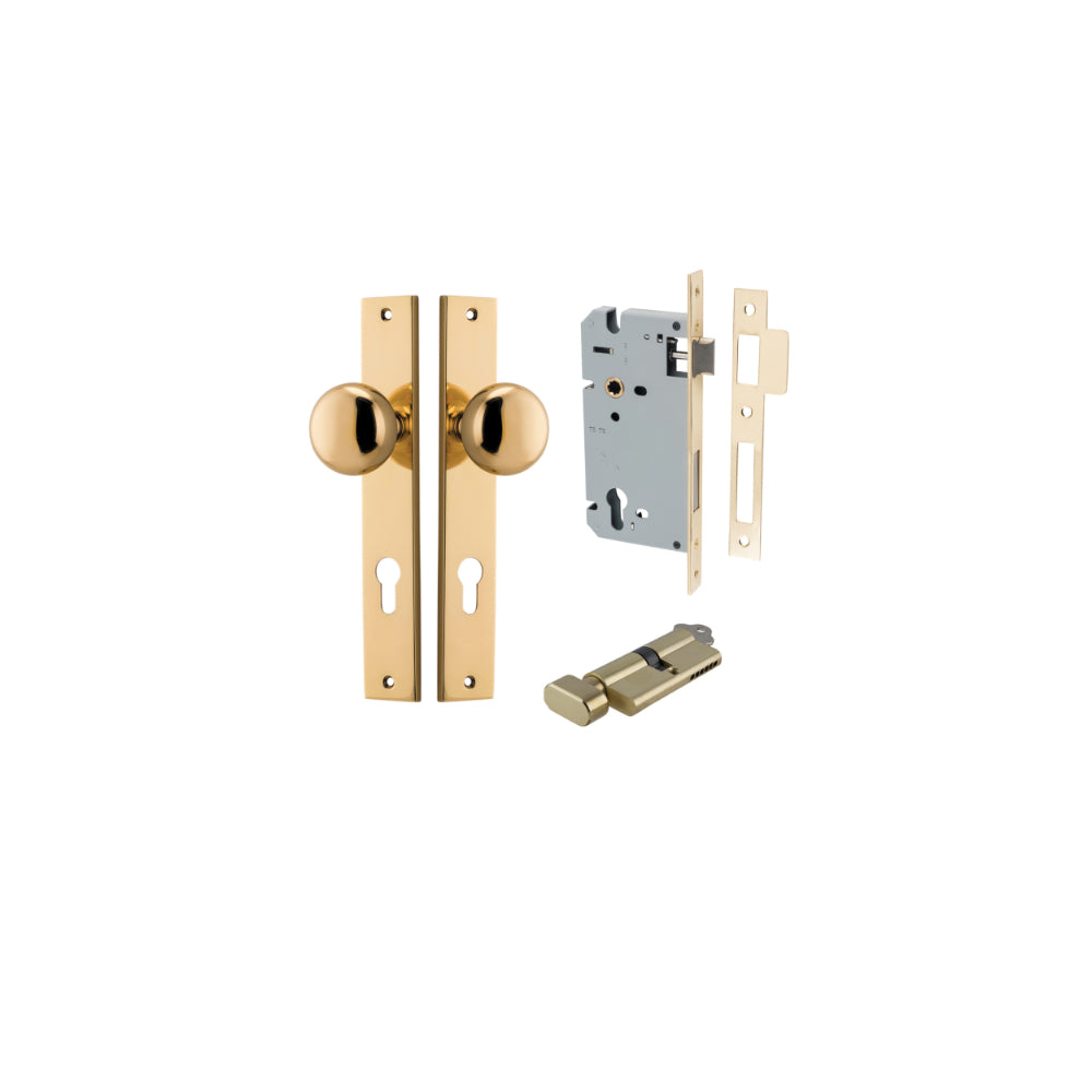 Door Knob Cambridge Rectangular Euro Polished Brass CTC85mm H240xW38xP67mm Entrance Kit Mortice Lock Euro Polished Brass CTC85mm Backset 60mm, Euro Cylinder Key Thumb 6 Pin Polished Brass L70mm KA1 in Polished Brass