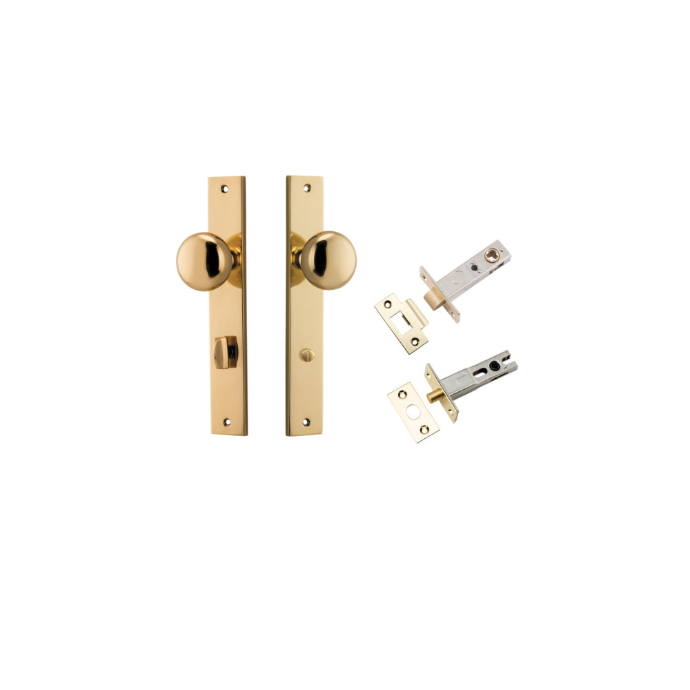 Door Knob Cambridge Rectangular Privacy Polished Brass CTC85mm H240xW38xP67mm Inbuilt Privacy Kit Tube Latch Split Cam 'T' Striker Polished Brass Backset 60mm, Privacy Bolt Round Bolt Polished Brass Backset 60mm in Polished Brass