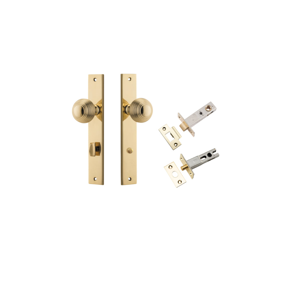 Door Knob Guildford Rectangular Privacy Polished Brass CTC85mm H240xW38xP60mm Inbuilt Privacy Kit Tube Latch Split Cam 'T' Striker Polished Brass Backset 60mm, Privacy Bolt Round Bolt Polished Brass Backset 60mm in Polished Brass