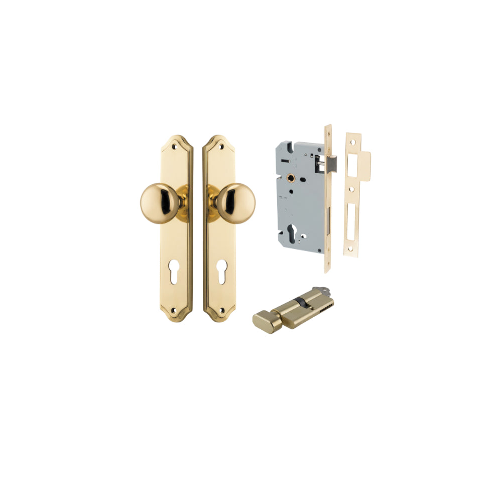 Door Knob Cambridge Shouldered Euro Polished Brass CTC85mm H240xW50xP67mm Entrance Kit, Mortice Lock Euro Polished Brass CTC85mm Backset 60mm, Euro Cylinder Key Thumb 6 Pin Polished Brass L70mm KA1 in Polished Brass