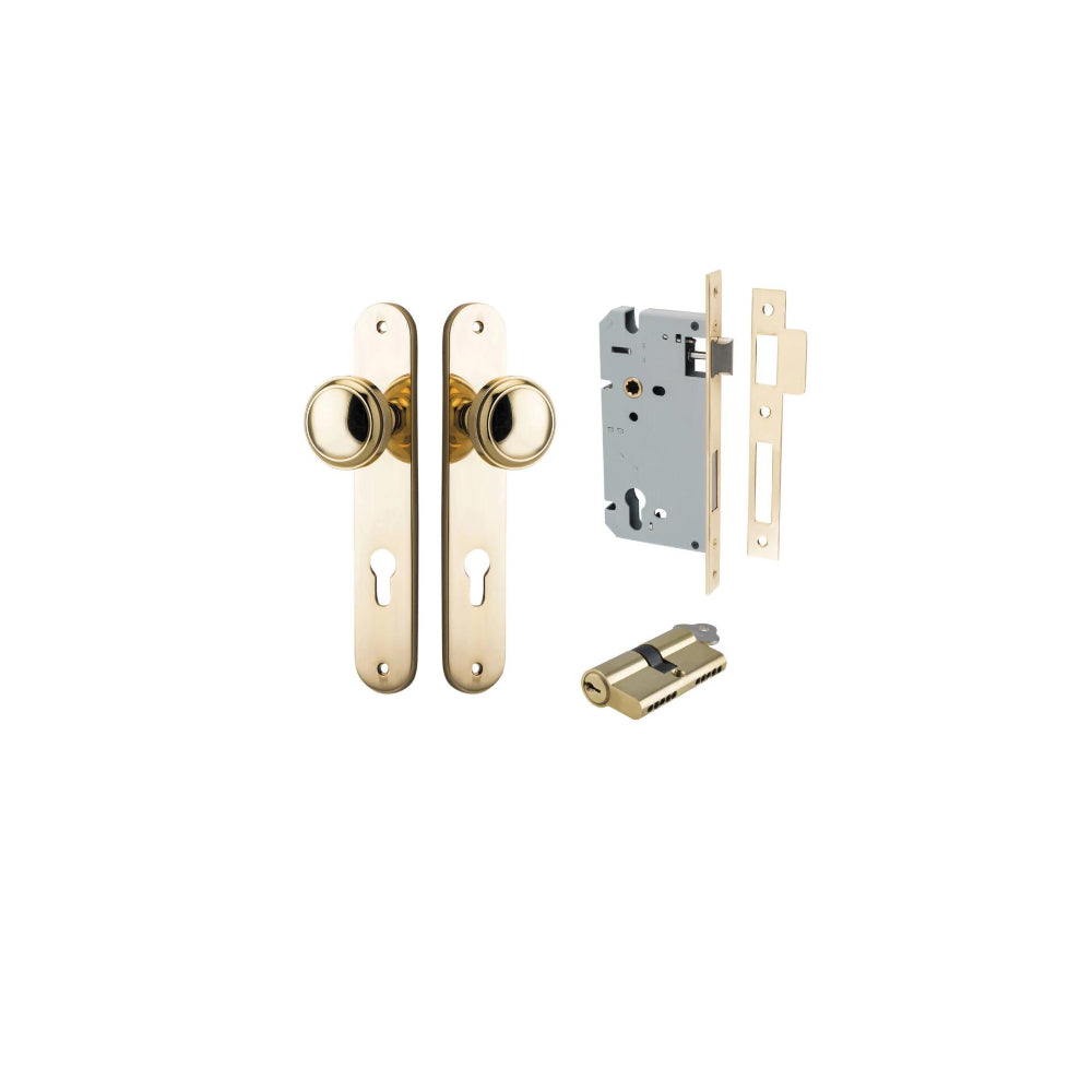 Door Knob Paddington Oval Euro Polished Brass CTC85mm H240xW40xP68mm Entrance Kit, Mortice Lock Euro Polished Brass CTC85mm Backset 60mm, Euro Cylinder Dual Function 5 Pin Polished Brass L65mm KA1 in Polished Brass