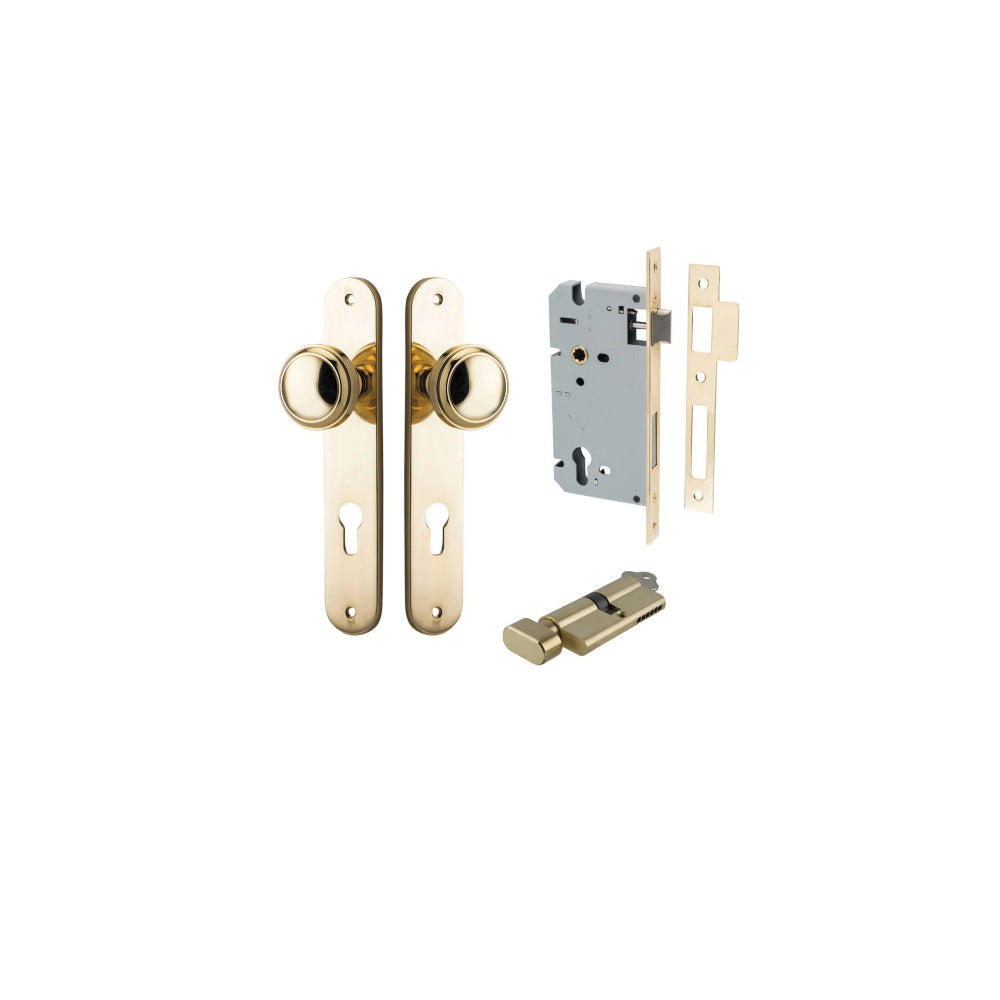 Door Knob Paddington Oval Euro Polished Brass CTC85mm H240xW40xP68mm Entrance Kit, Mortice Lock Euro Polished Brass CTC85mm Backset 60mm, Euro Cylinder Key Thumb 6 Pin Polished Brass L70mm KA1 in Polished Brass