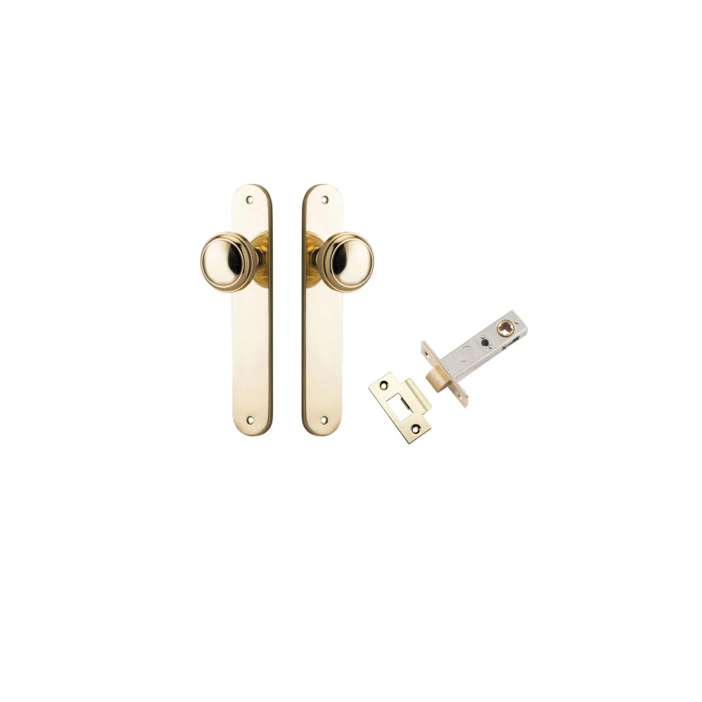 Door Knob Paddington Oval Latch Polished Brass H240xW40xP68mm Passage Kit, Tube Latch Split Cam 'T' Striker Polished Brass Backset 60mm in Polished Brass