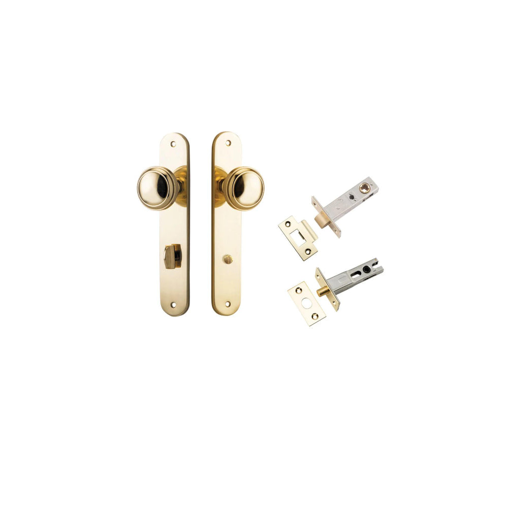 Door Knob Paddington Oval Privacy Polished Brass CTC85mm H240xW40xP68mm Inbuilt Privacy Kit, Tube Latch Split Cam 'T' Striker Polished Brass Backset 60mm, Privacy Bolt Round Bolt Polished Brass Backset 60mm in Polished Brass