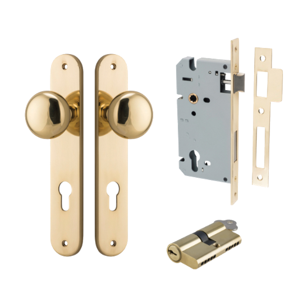 Door Knob Cambridge Oval Euro Polished Brass CTC85mm H240xW40xP67mm Entrance Kit, Mortice Lock Euro Polished Brass CTC85mm Backset 60mm, Euro Cylinder Dual Function 5 Pin Polished Brass L65mm KA1 in Polished Brass