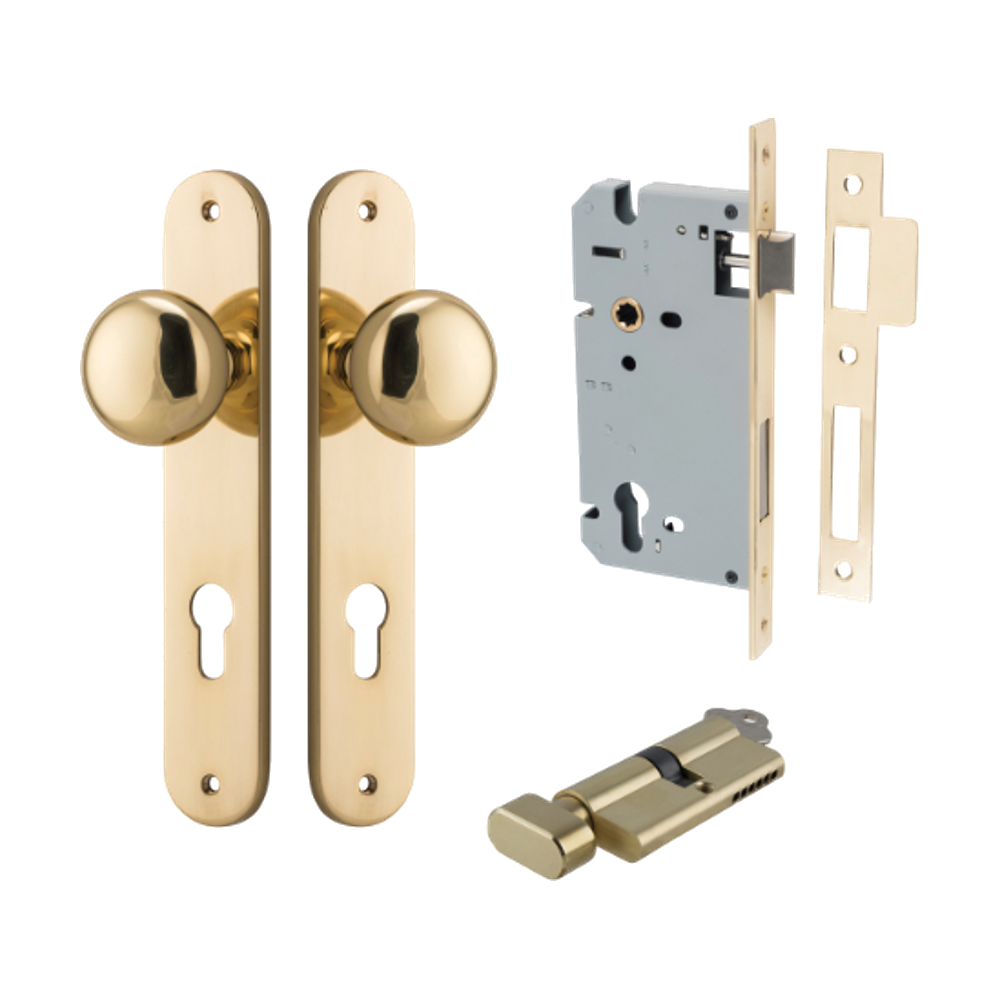 Door Knob Cambridge Oval Euro Polished Brass CTC85mm H240xW40xP67mm Entrance Kit, Mortice Lock Euro Polished Brass CTC85mm Backset 60mm, Euro Cylinder Key Thumb 6 Pin Polished Brass L70mm KA1 in Polished Brass