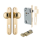 Door Knob Cambridge Oval Euro Polished Brass CTC85mm H240xW40xP67mm Entrance Kit, Mortice Lock Euro Polished Brass CTC85mm Backset 60mm, Euro Cylinder Key Thumb 6 Pin Polished Brass L70mm KA1 in Polished Brass