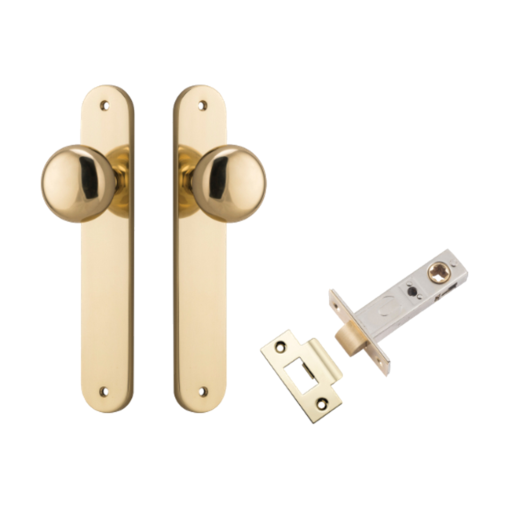 Door Knob Cambridge Oval Latch Polished Brass H240xW40xP67mm Passage Kit, Tube Latch Split Cam 'T' Striker Polished Brass Backset 60mm in Polished Brass